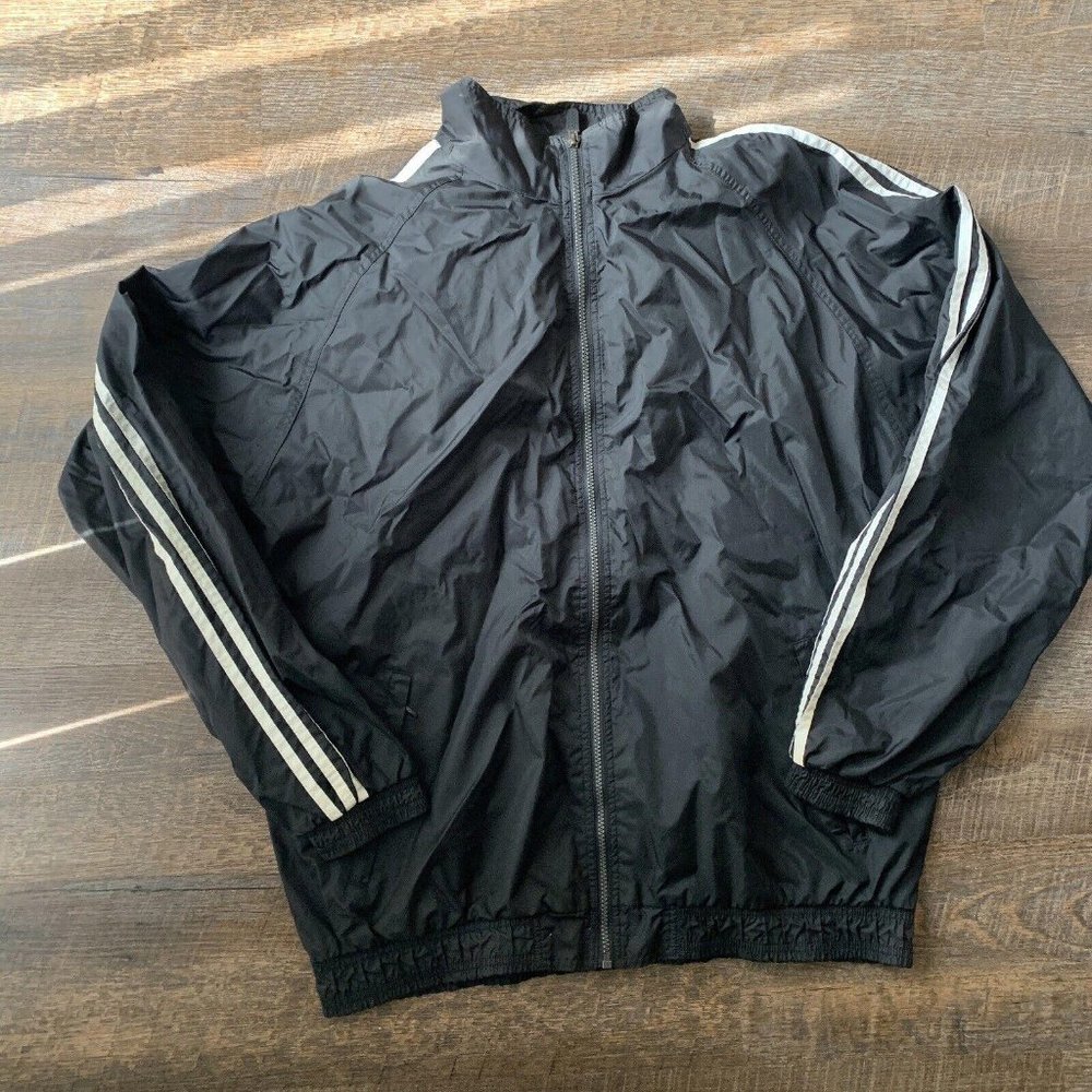 VTG Adidas Hooded Windbreaker Jacket Full Zip Black White Logo 3 Stripes XL